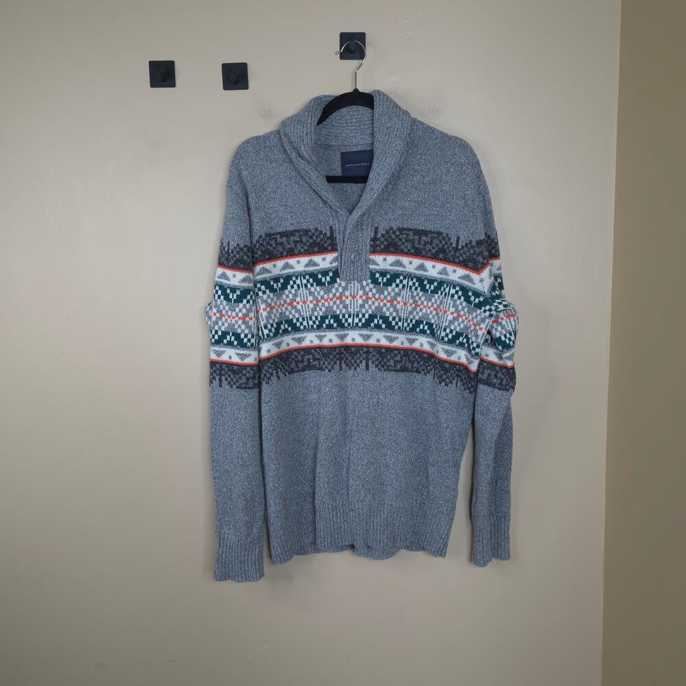 American Eagle Sweater Mens Gray Fair Isle Pullover Sweater Size L